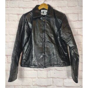 Vtg Womens Patchwork Black Leather Cropped Biker Jacket Size L By Leather Works